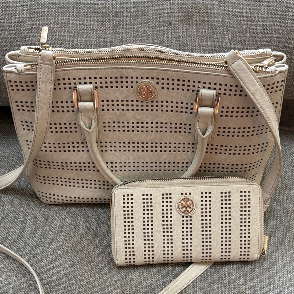 Tory Burch Beige Perforated Shoulder Bag and Wallet
